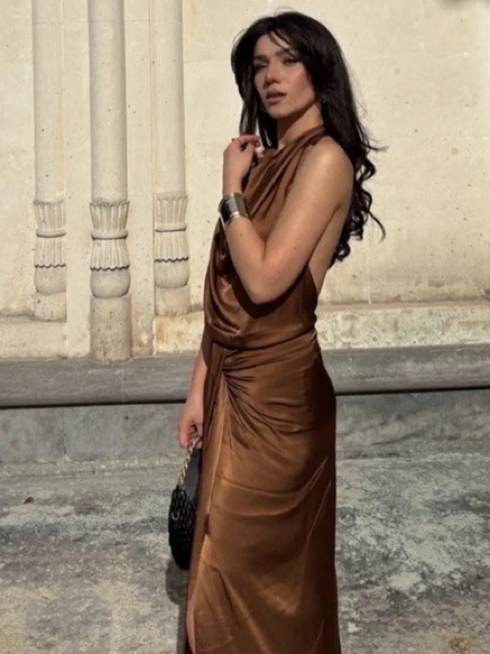 NWT. Zara Brown Satin Effect Flowy Halter Neck Midi Dress. Size S. - Picture 7 of 11